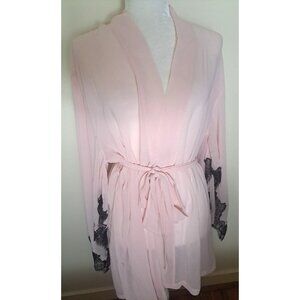 Victorias Secret Sheer Kimono Robe Pale Pink Angel Sleeves Black Lace Trim OS